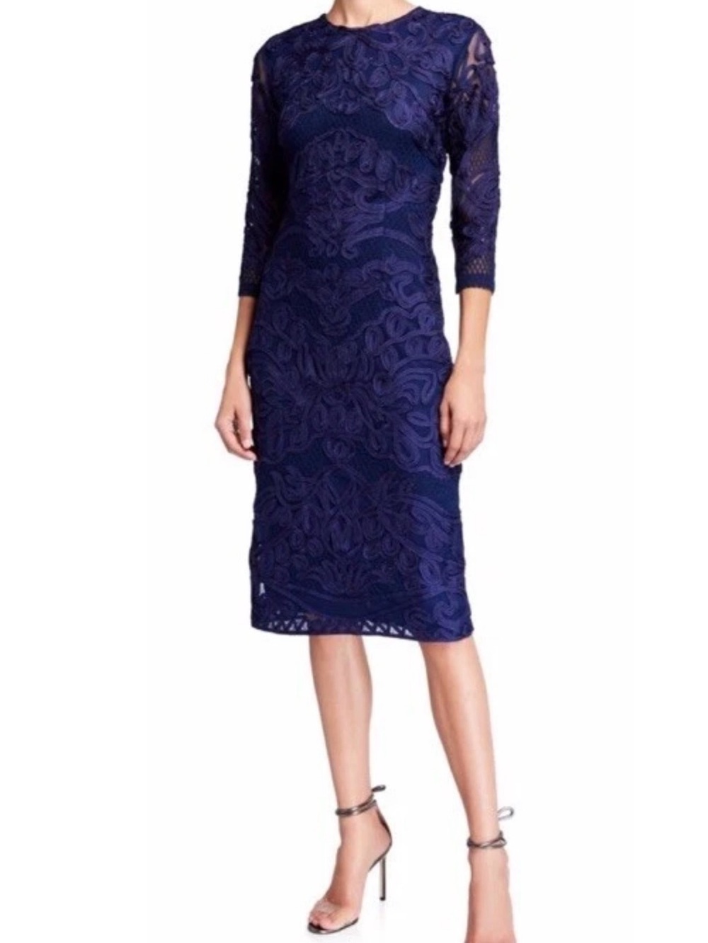 JS Collections Navy Soutache Embroidered Mesh Sheath Midi Cocktail Party Dress 8